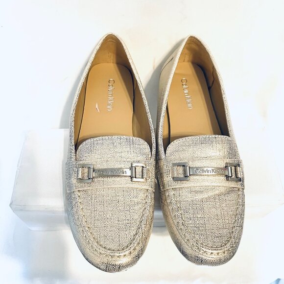 Calvin Klein Women's Metallic Gold Loafers-Size 8 1/2"-Gold/Silver Logo-Comfy - Picture 6 of 15